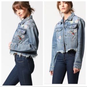 hidden denim frayed jacket